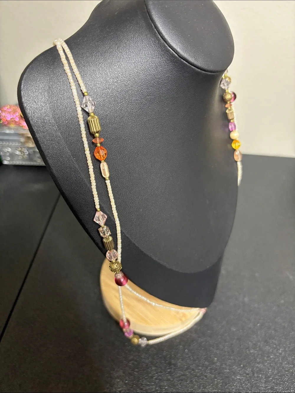 Cream Multicolor Beaded Layered Long Necklace Glass Acrylic Boho Beach